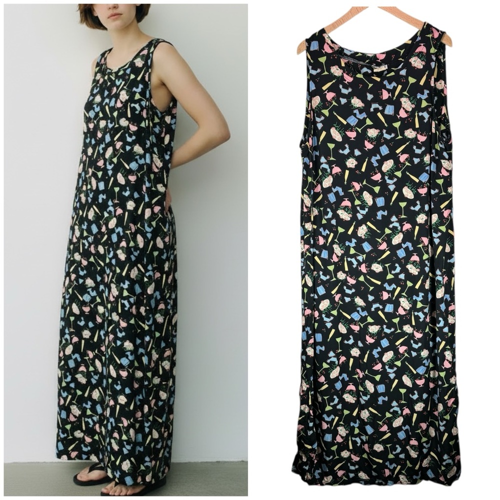 Clio Vintage Sleeveless 2X Black Maxi Dress Pastel Cocktail Print Novelty U.S.